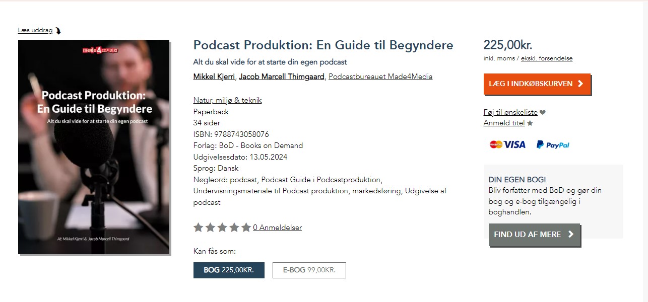 Bestil den ultimative bedste bestseller håndbog, ‘Podcast Produktion: En Guide til Begyndere’, Made4Media har mulighed for, at give 50% rabat på bogen ved bestilling direkte ved henvendelse: https://made4media.dk/kontakt Normalpris for bogen: DKK 225,-