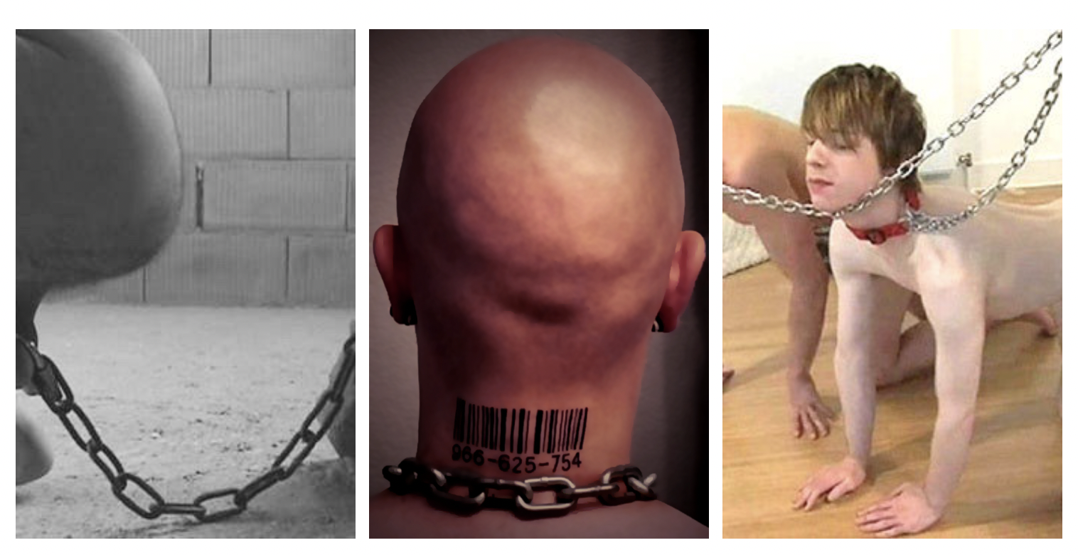 Tre billeder, der visualiserer BDSM-praksisser, herunder en person med kæder ved fødderne, en stregkode tatoveret på nakken og en anden person med halsbånd og kæder. Disse billeder afspejler kontrol, underkastelse og ejendom i et Master/slave-forhold.